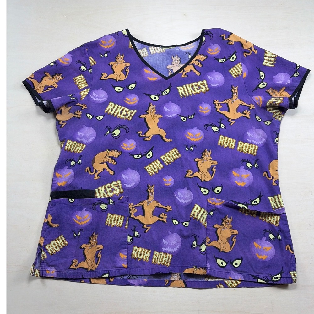 Vintage Scooby-Doo Halloween Scrub Top Purple V-Neck Cartoon Print XL